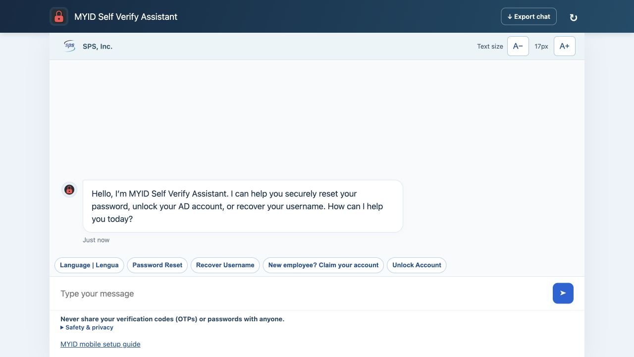 MYID Chat welcome screen