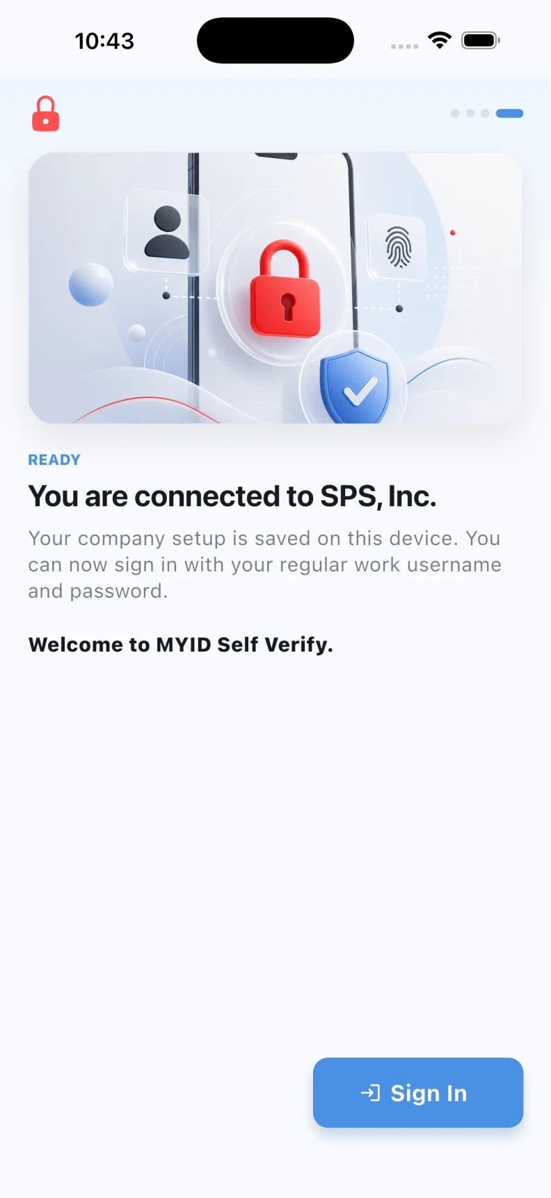 MYID connected company screen ready to continue