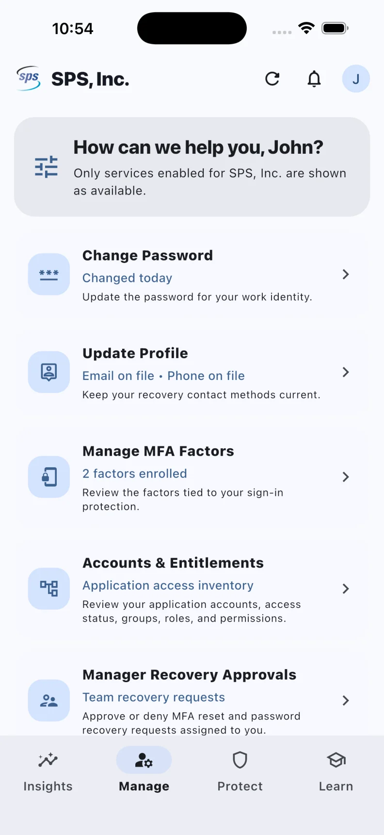 Real MYID Manage screen with the Manage MFA Factors action