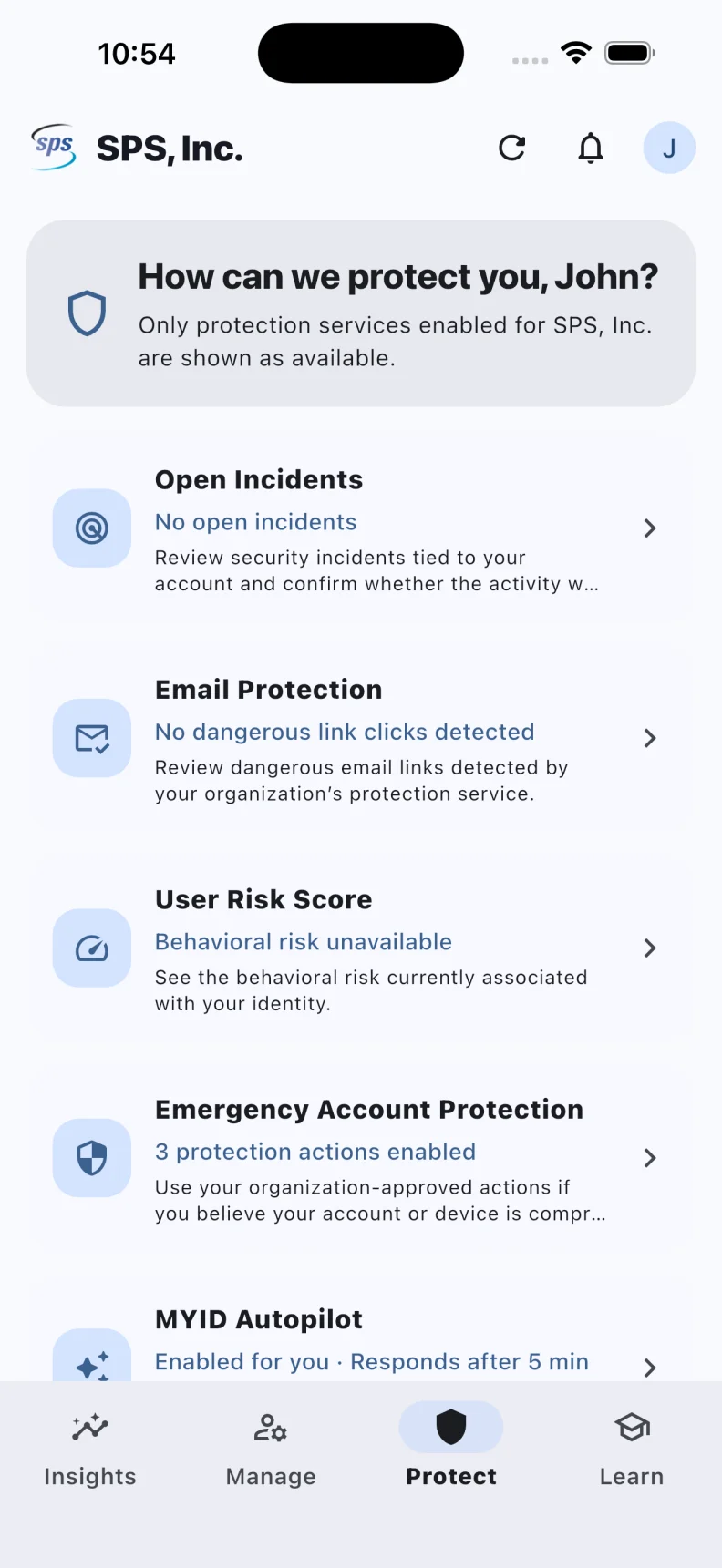 MYID Protect screen showing Email Protection and security response services