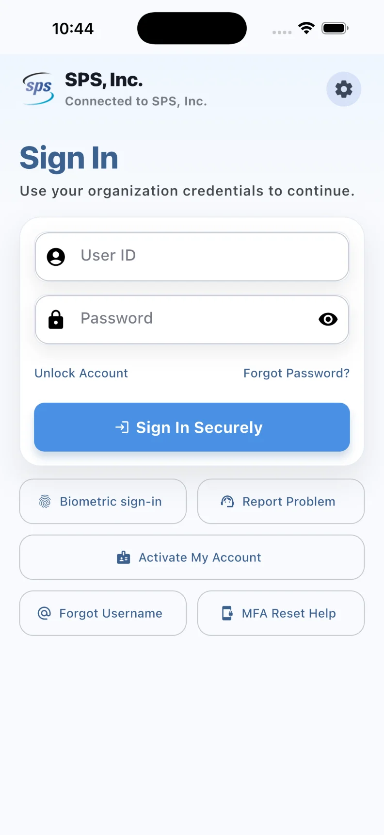 Real MYID sign in screen with biometric sign in and MFA reset help
