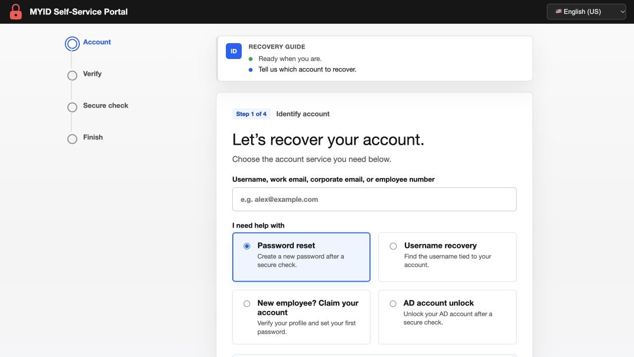 MYID Web recovery welcome screen