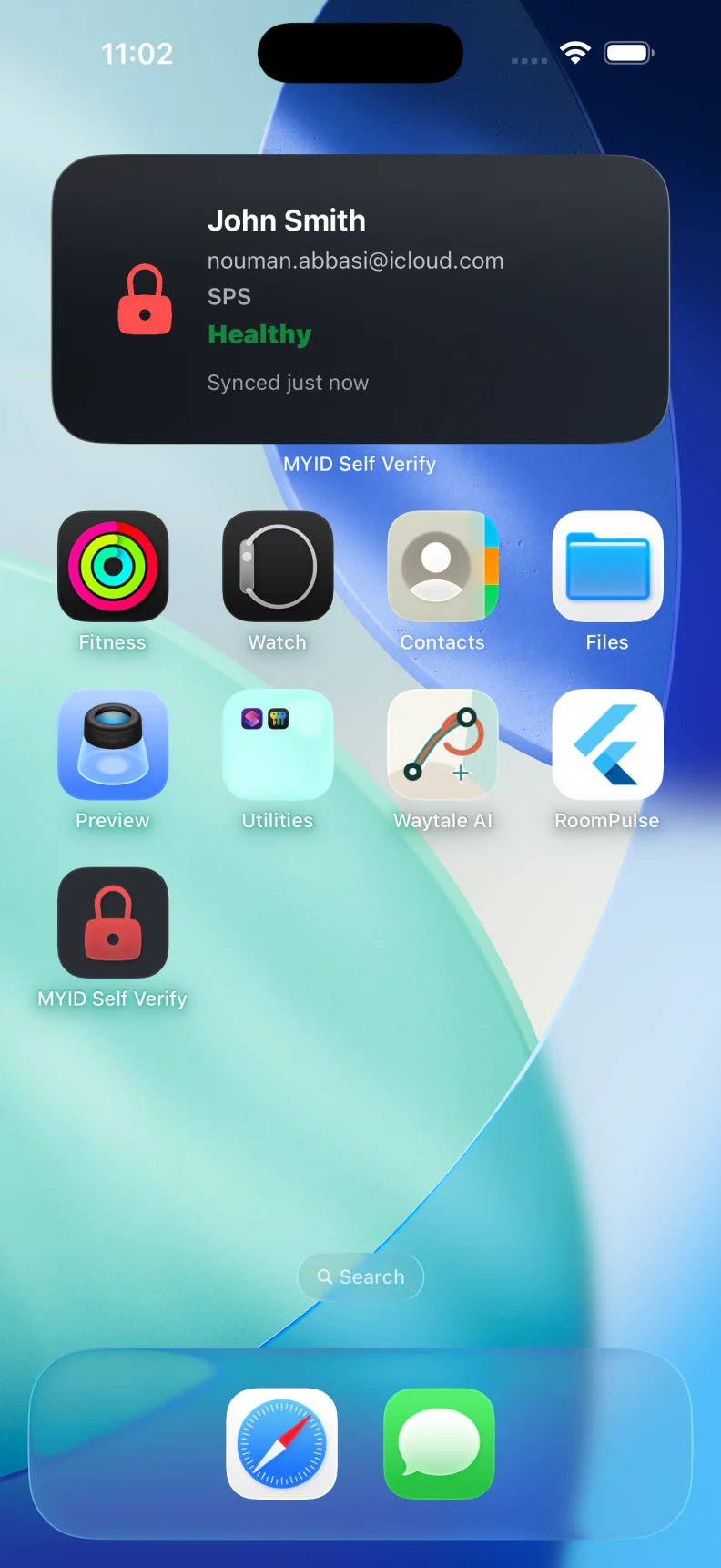 iPhone home screen with the MYID identity health widget